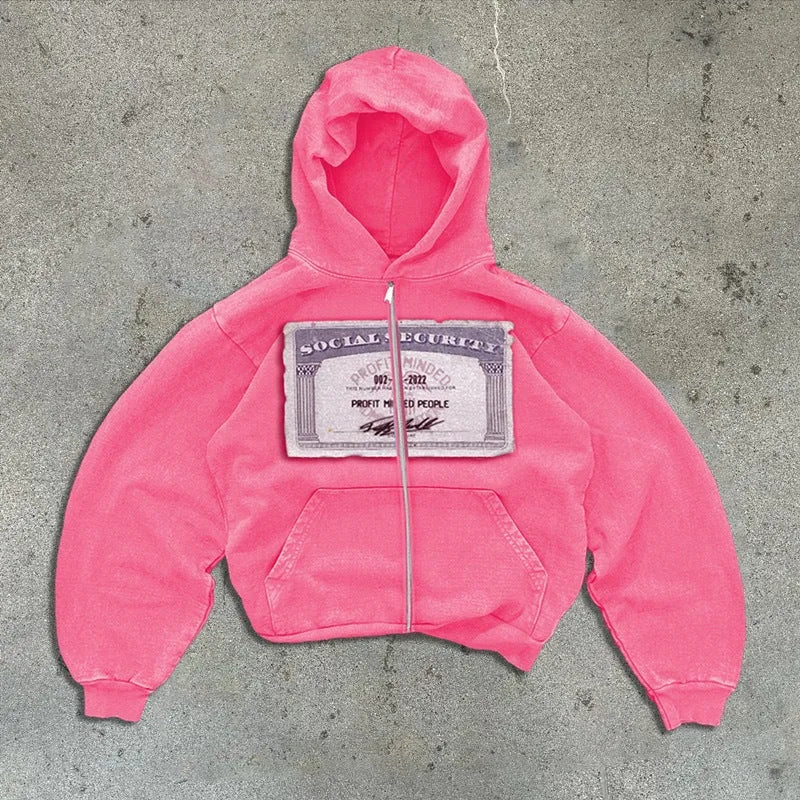 Unisex loose fit hoodie zipper jacket with letter pattern and zipper pocket in polyester fibre