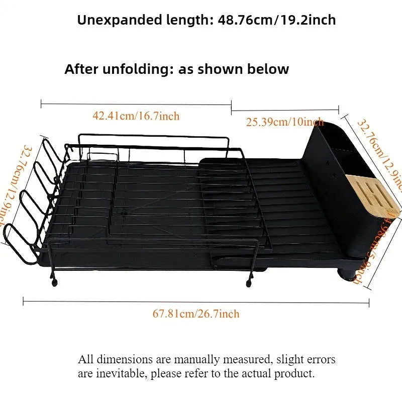 Retractable carbon steel kitchen dish drain rack for knives and forks in folded and extended positions.
