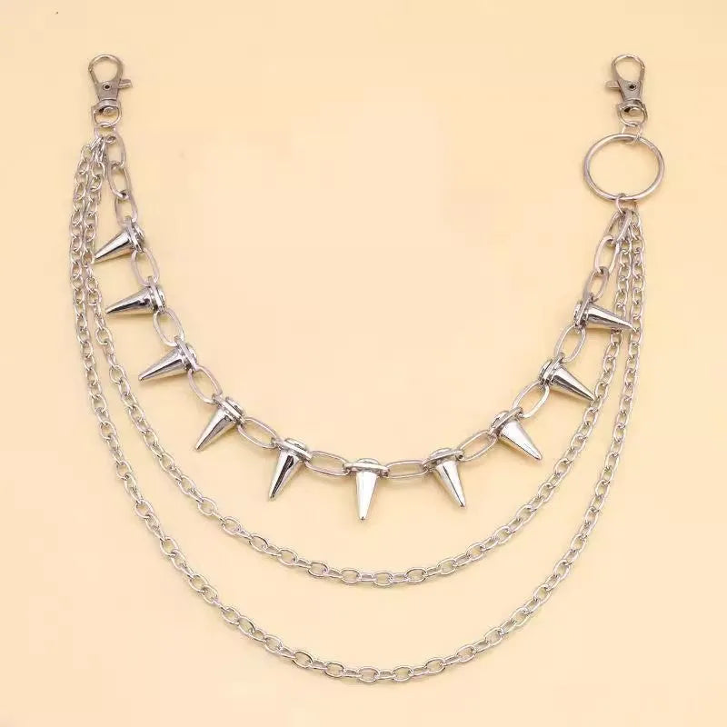 Silver alloy trousers chain with rivet and zipper detailing on 115cm adjustable length for punk fashion