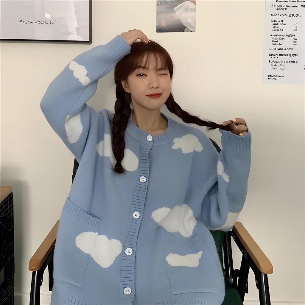 Blue cloud pattern women's spandex cardigan sweater with loose fit and long sleeves