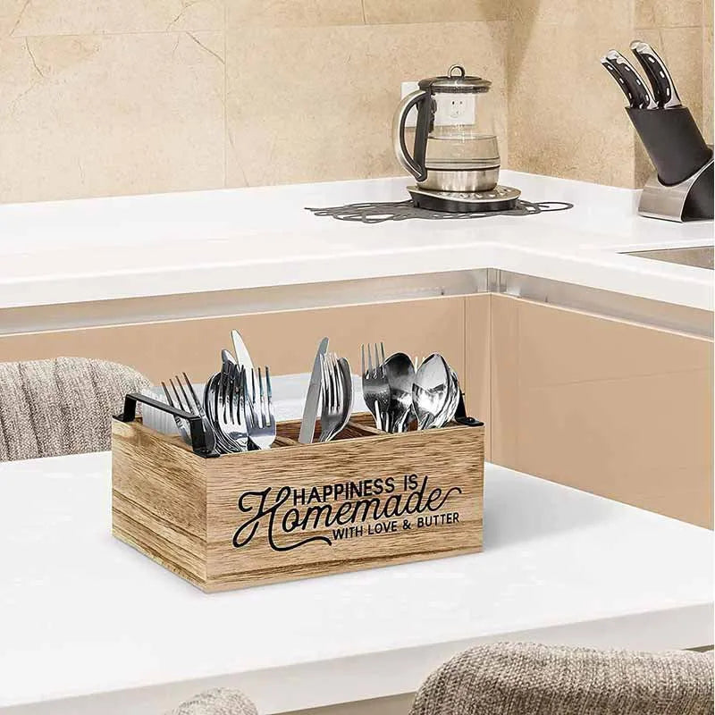 Large wooden kitchen storage box with internal grid divider for organising tableware.