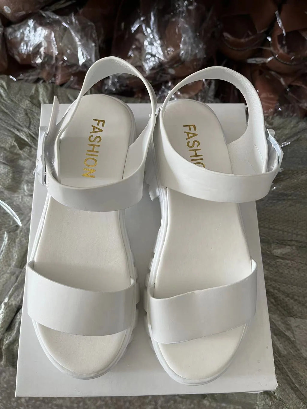Women's peep toe platform sandals in beige with ankle-strap buckle and PU upper