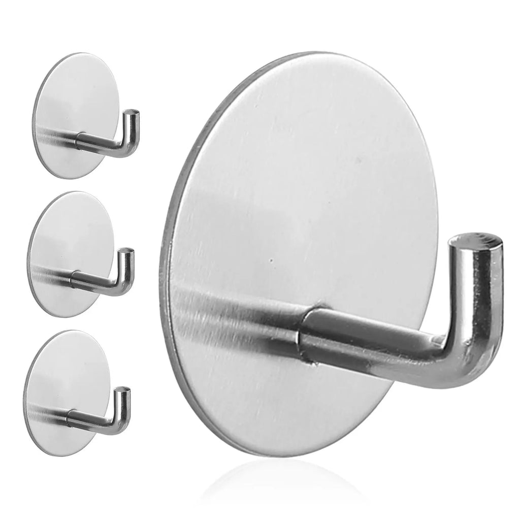 Stainless steel self-adhesive hook in black and polished finishes for bathroom or kitchen use.