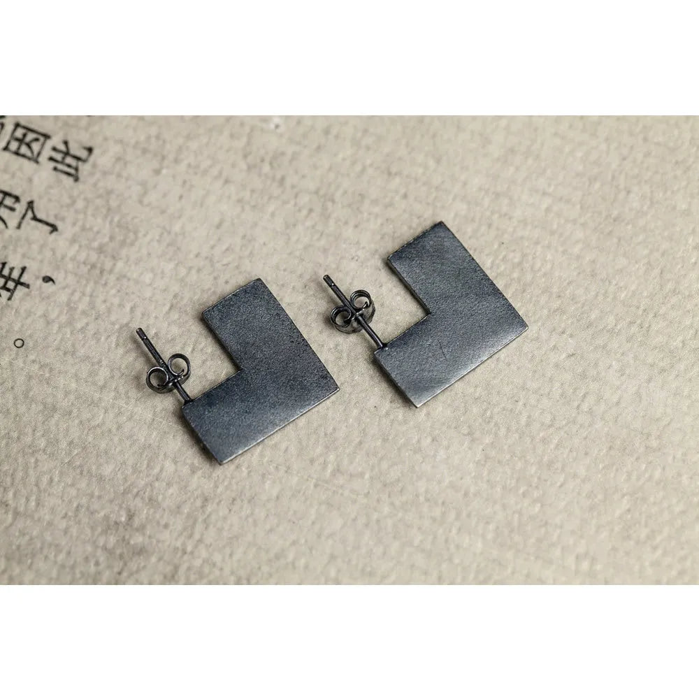 Oxidised black 925 sterling silver geometry square earrings ring set with cold wind style and approximately 16mm size