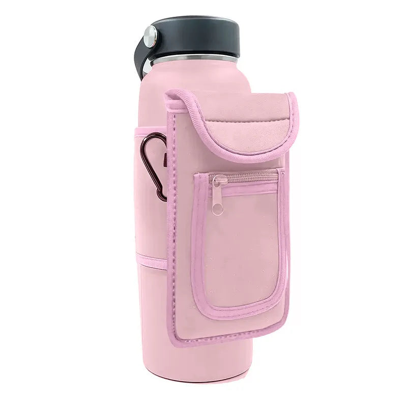 Cloth sports water bottle sleeve shown in various colours with magnetic and carabiner clip closure options.