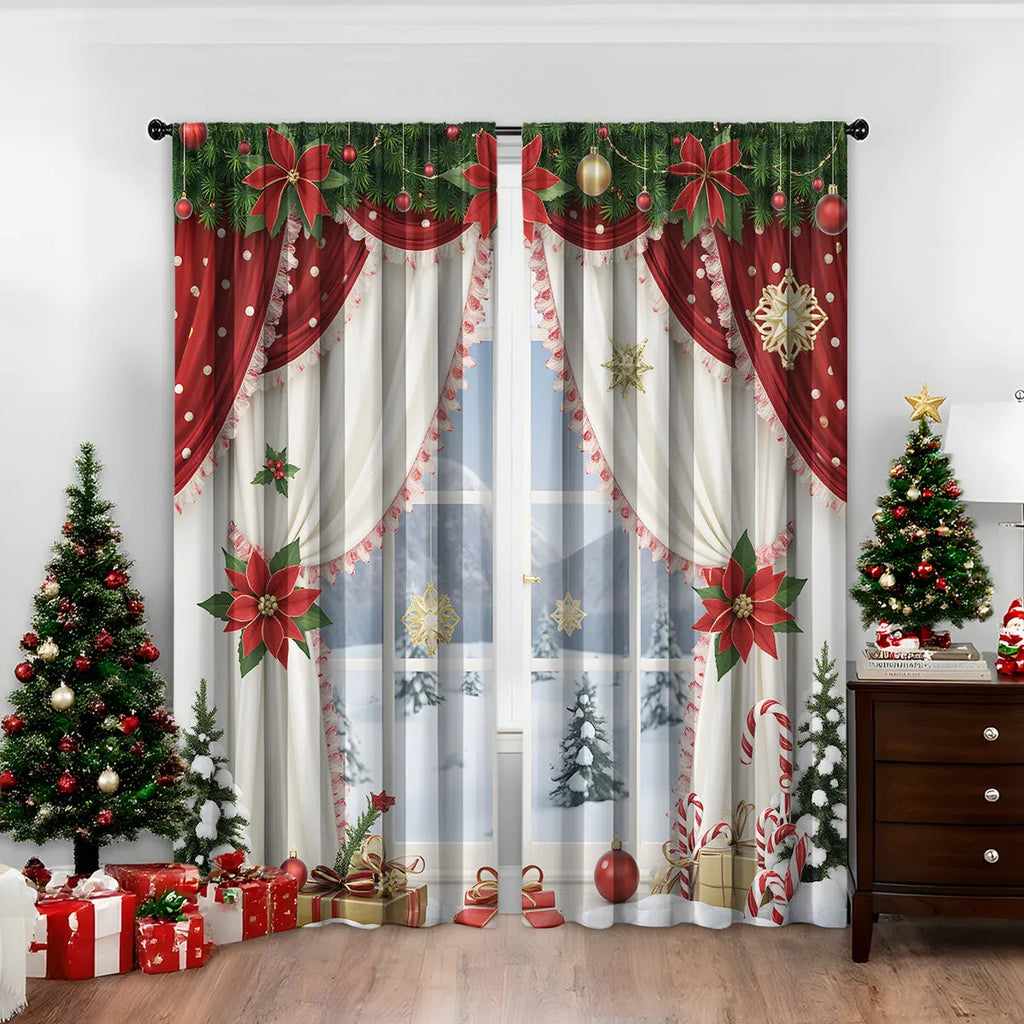 Pair of 3D digitally printed Christmas style curtains with European patterns on polyester fabric