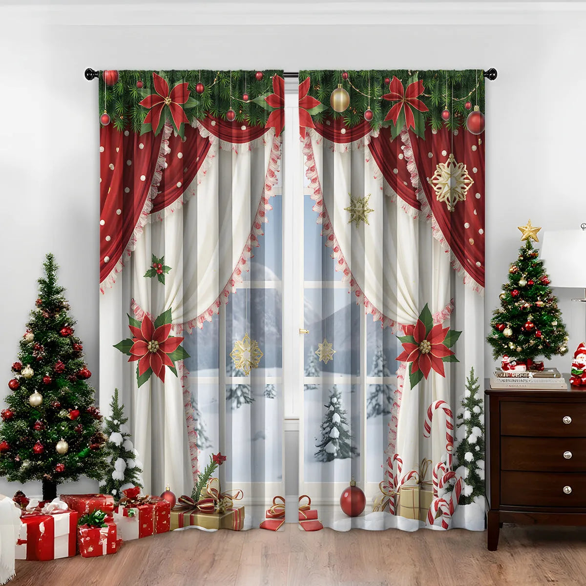 Pair of 3D digitally printed Christmas style curtains with European patterns on polyester fabric