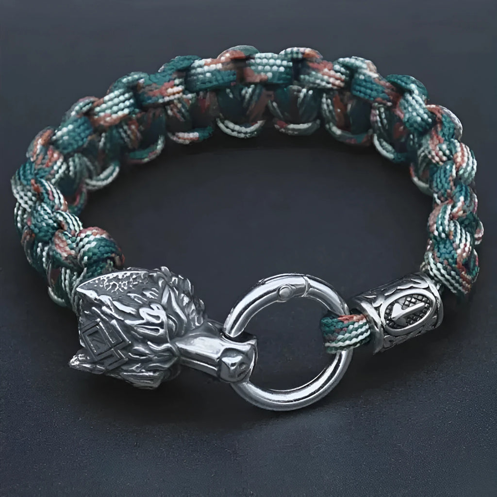 Stainless steel wolf head bracelet with Luen character detailing in camouflage colour
