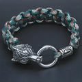 Stainless steel wolf head bracelet with Luen character detailing in camouflage colour