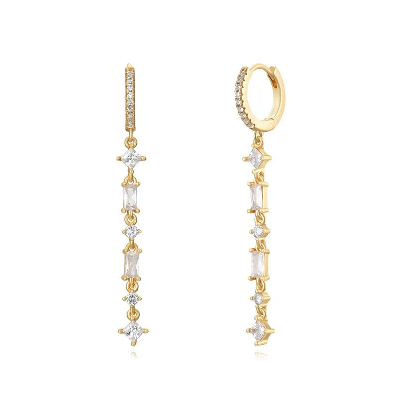 Sterling silver geometric ear clips with colourful zircon stones and tassel design on U-shaped frame