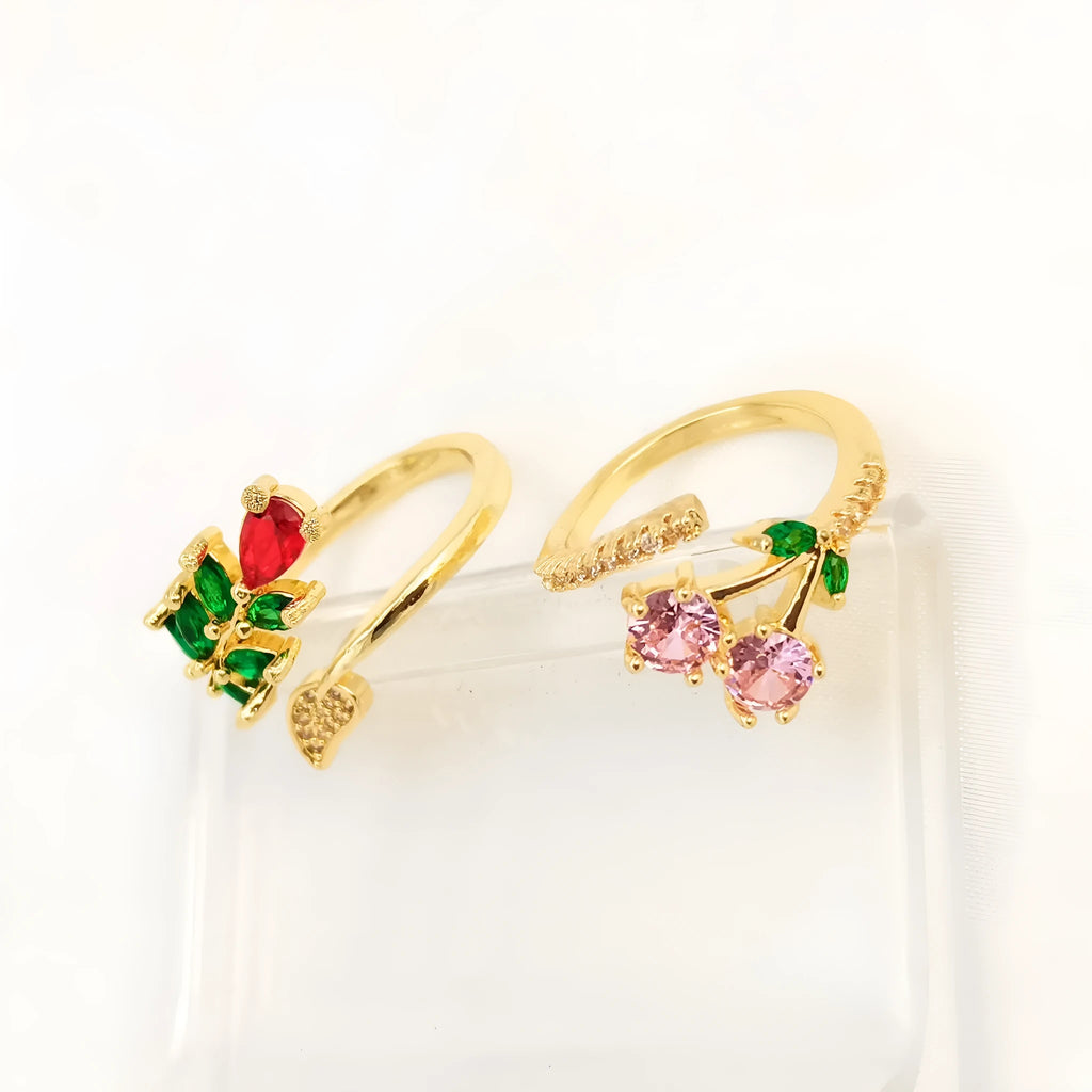 Copper gold zircon geometric leaf open ring with national style design for women