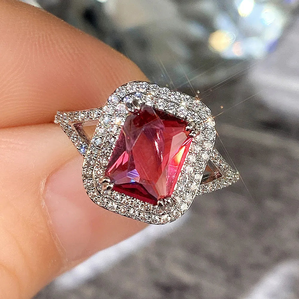 Copper square princess rhinestone ring in F827 Red colour for women with geometric design