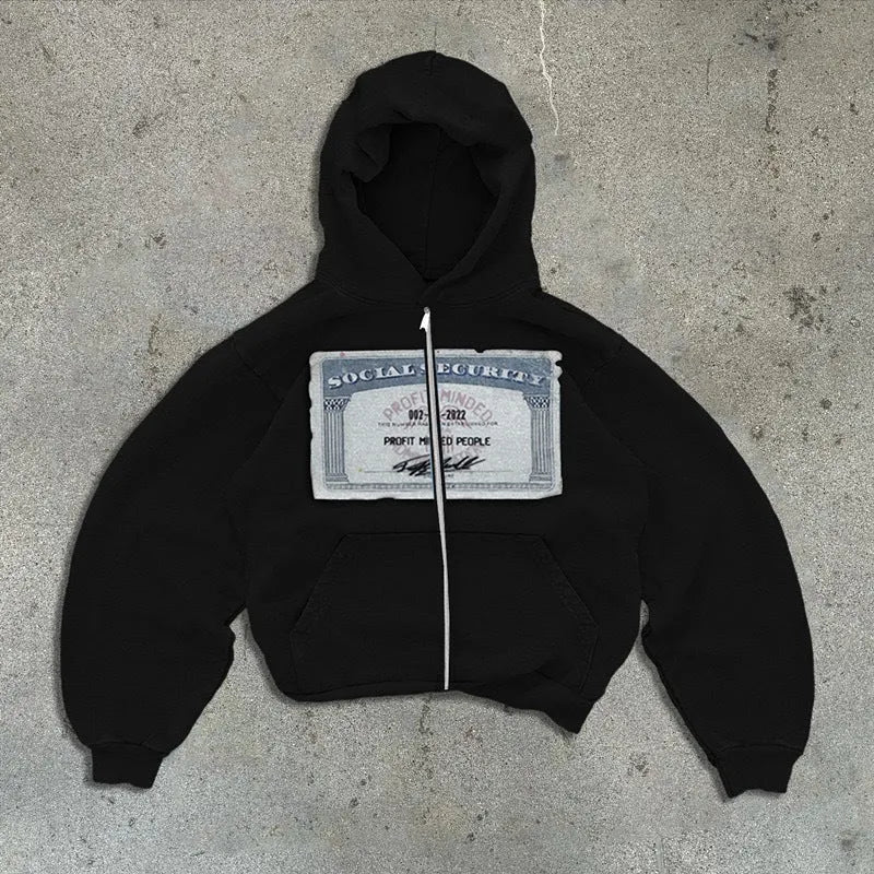 Unisex loose fit hoodie zipper jacket with letter pattern and zipper pocket in polyester fibre