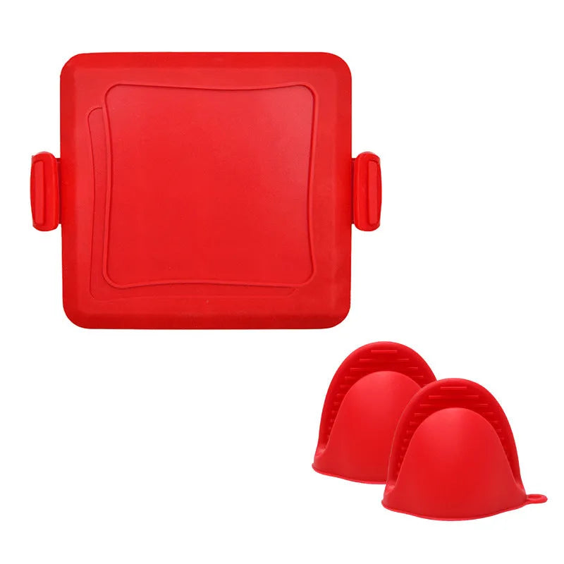 Red silicone baking tray with anti-scald protection and included gloves