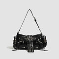 Black oil wax leather retro handbag with dumpling shape and multiple zippered compartments