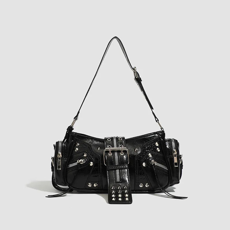 Black oil wax leather retro handbag with dumpling shape and multiple zippered compartments