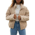 Apricot corduroy womens jacket with stand collar and full-length zipper in street fashion style