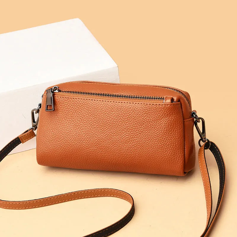 Women's genuine leather crossbody shoulder bag in horizontal square shape, soft cowhide, 21x6x11cm, black colour