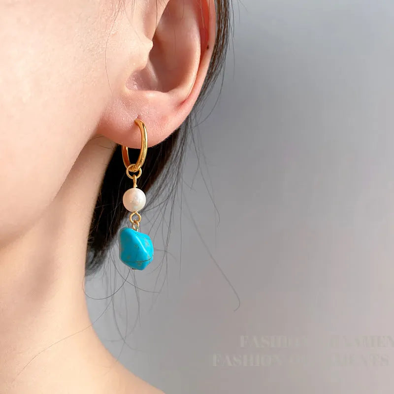 Copper geometric earrings with irregular turquoise stones and cultured pearls in dangle and clip styles