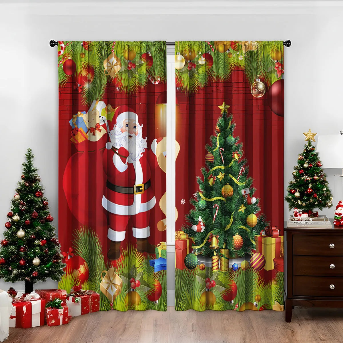 Pair of 3D digitally printed Christmas curtains in a modern European style pattern, hanging at a window.
