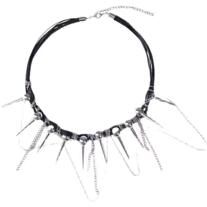 Rivet round beads winding tassel necklace with leather cord and electroplated details