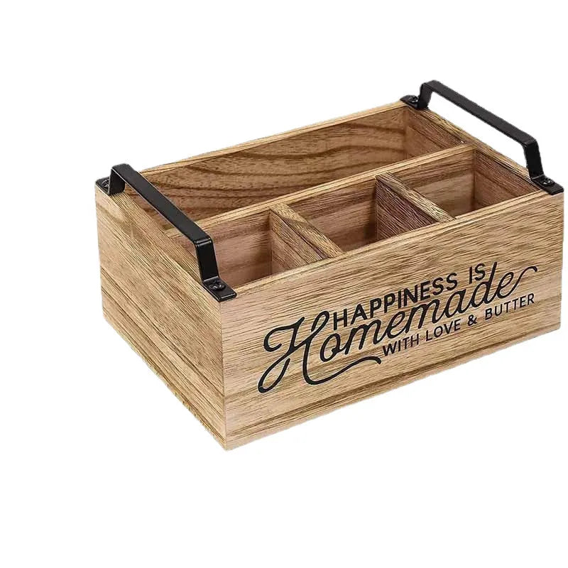 Large wooden kitchen storage box with internal grid divider for organising tableware.