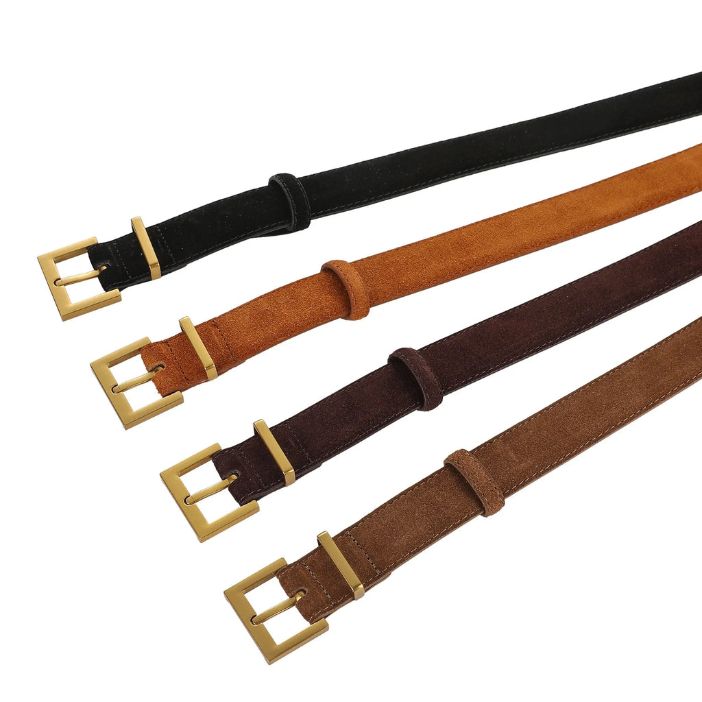 Ladies genuine leather pin buckle belt in black caramel brown colours, quadrilateral alloy buckle