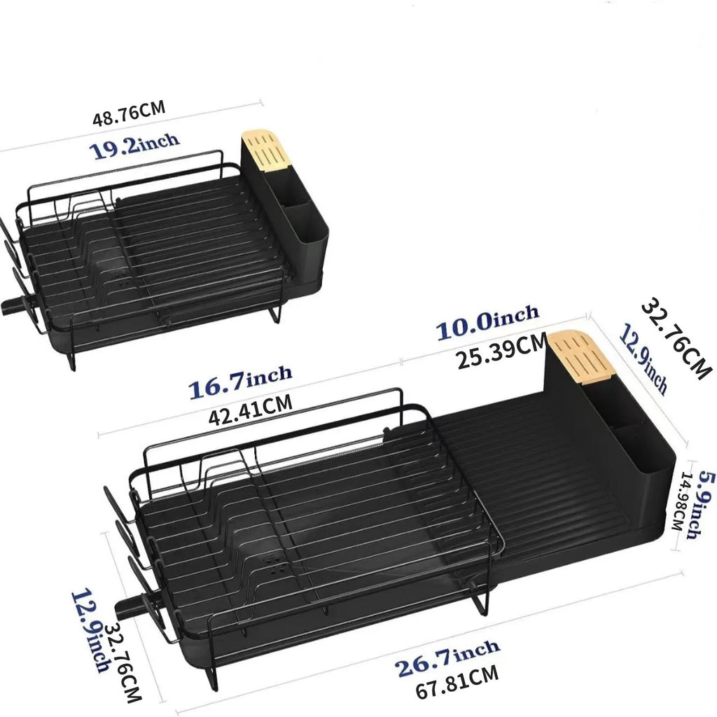Retractable carbon steel kitchen dish drain rack for knives and forks in folded and extended positions.