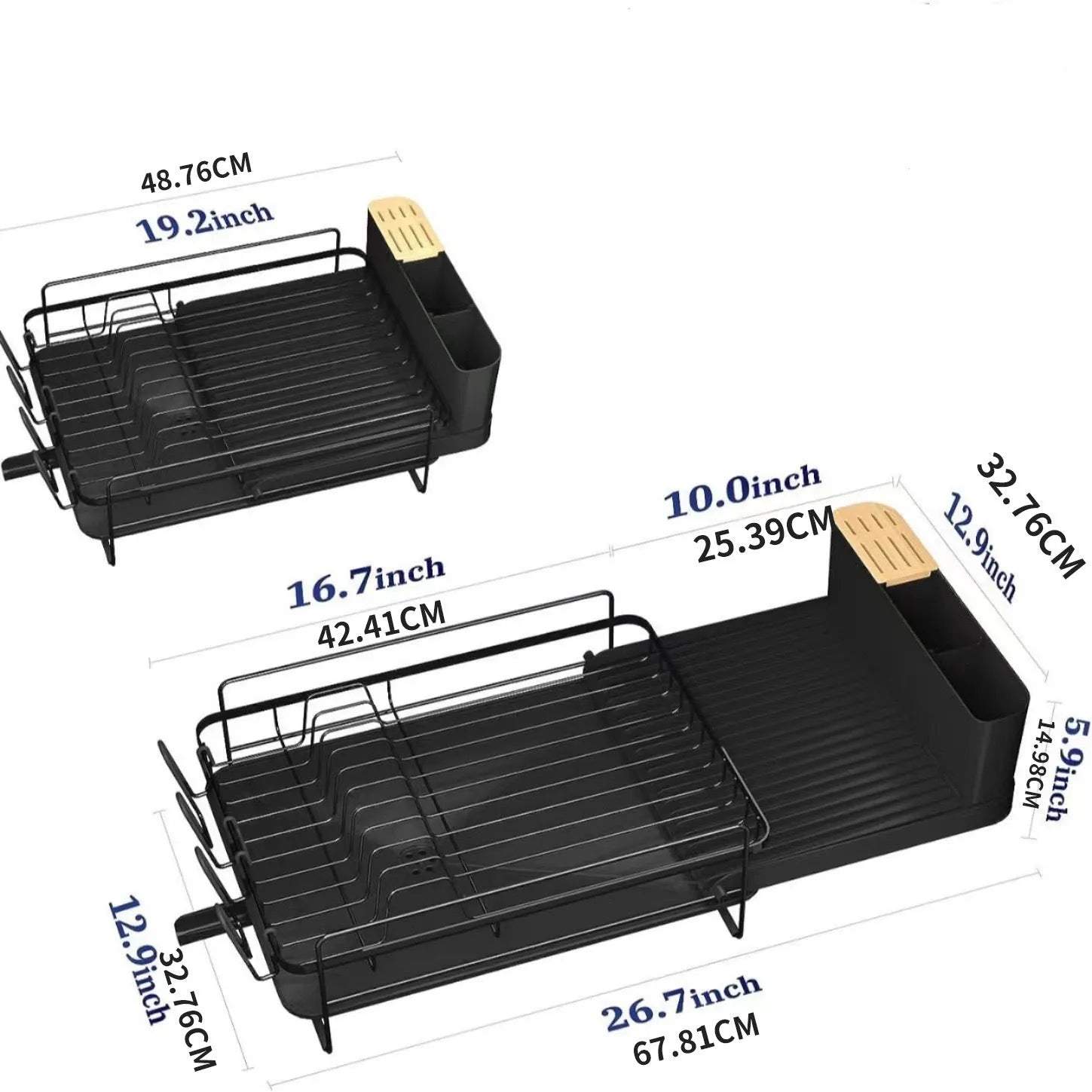 Retractable carbon steel kitchen dish drain rack for knives and forks in folded and extended positions.