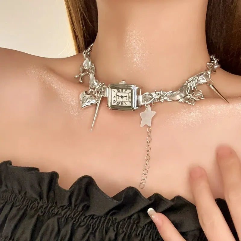 Dark style multi-layer cross necklace with twin clavicle chains and adjustable 41-50cm fit