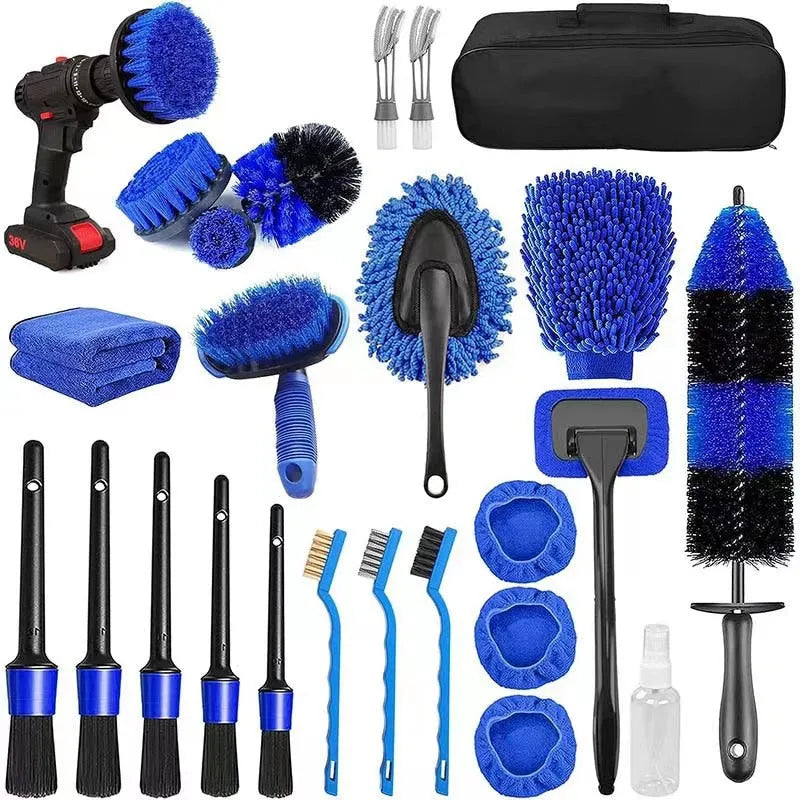 26-piece car wash brush kit including tire brush and cleaning tools in PP material, picture style colour