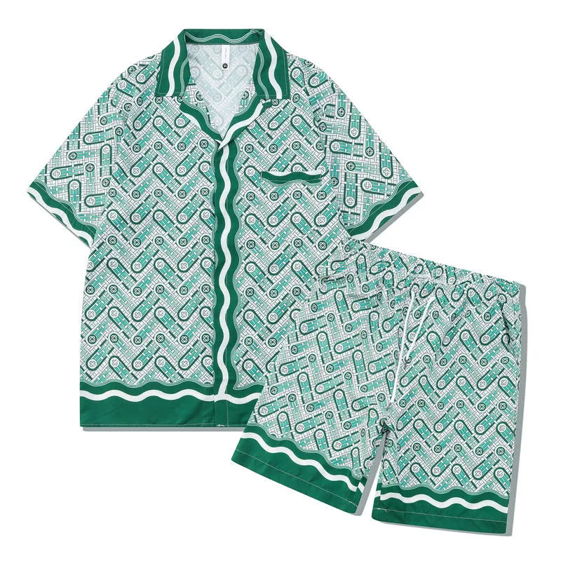 Polyester beach shirt and trousers outfit set with plaid pattern, short sleeves