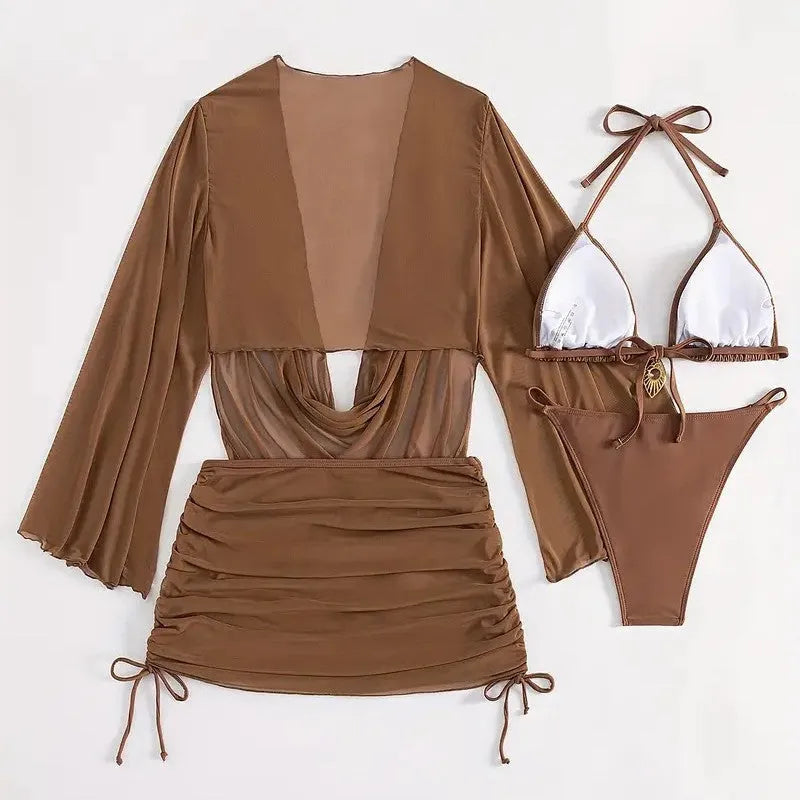Dark brown lace-up bikini swimsuit for women on a mannequin, backless brief style.