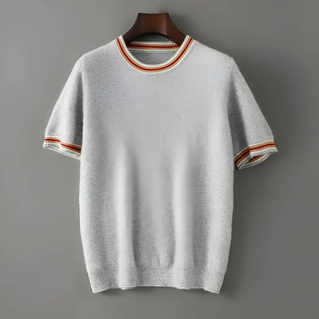 Men's pure wool short sleeve sweater with round neck in grey showing standard knit texture
