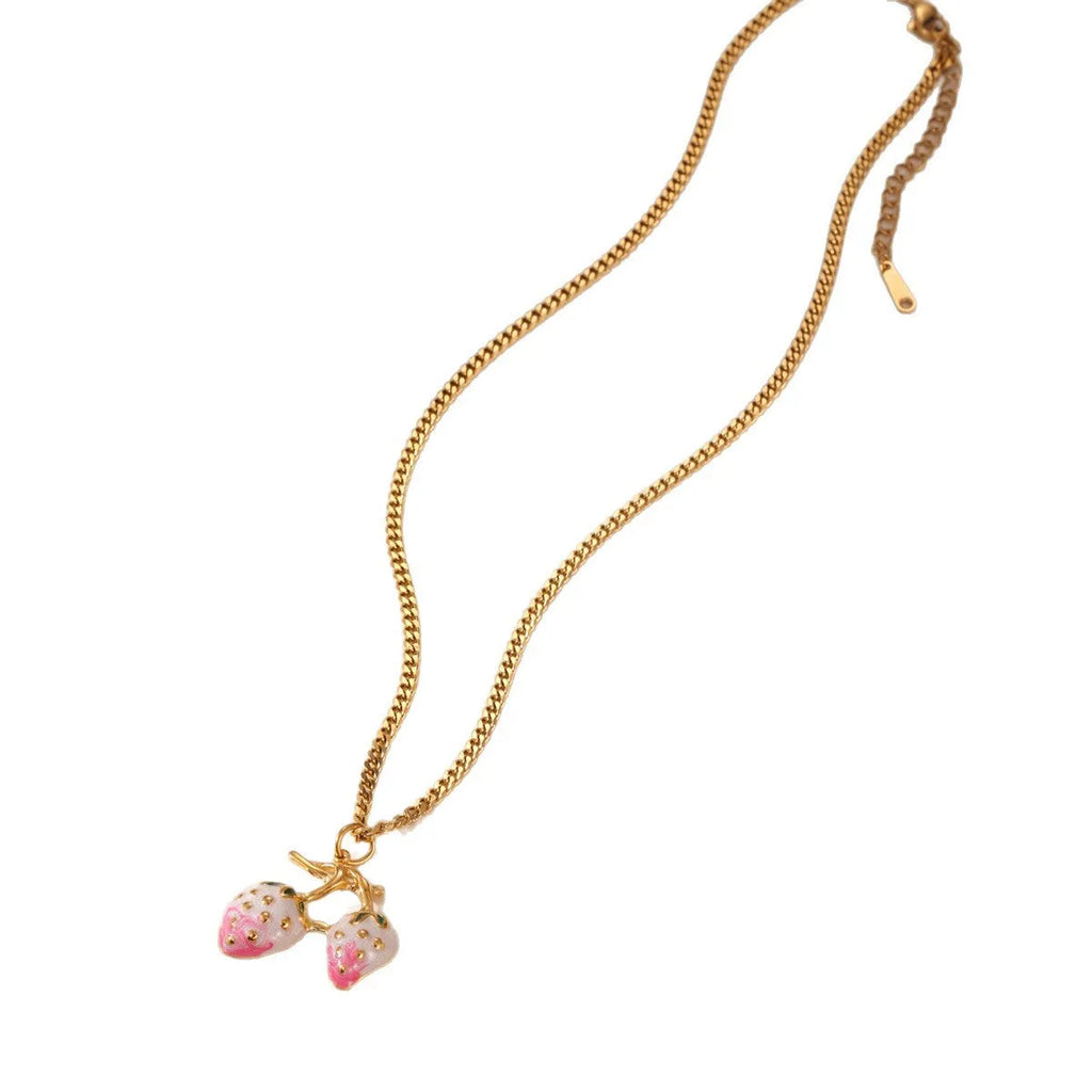 Stainless steel strawberry pendant necklace on a chain, shown in red and white gradient colour options.