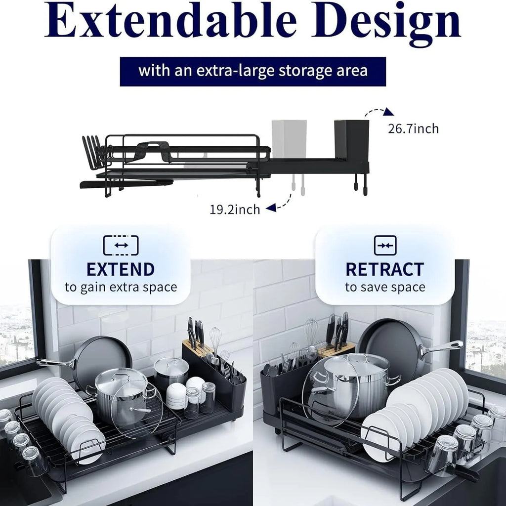 Retractable carbon steel kitchen dish drain rack for knives and forks in folded and extended positions.