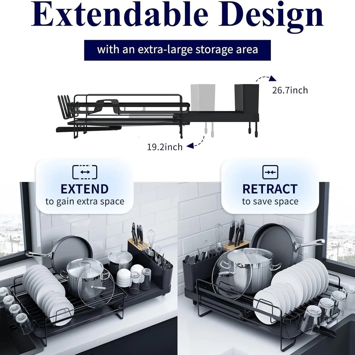 Retractable carbon steel kitchen dish drain rack for knives and forks in folded and extended positions.