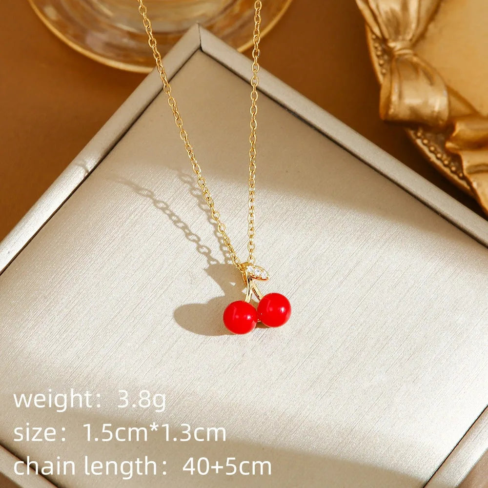 Titanium steel necklace with delicate cherry strawberry pepper charm on O-ring chain