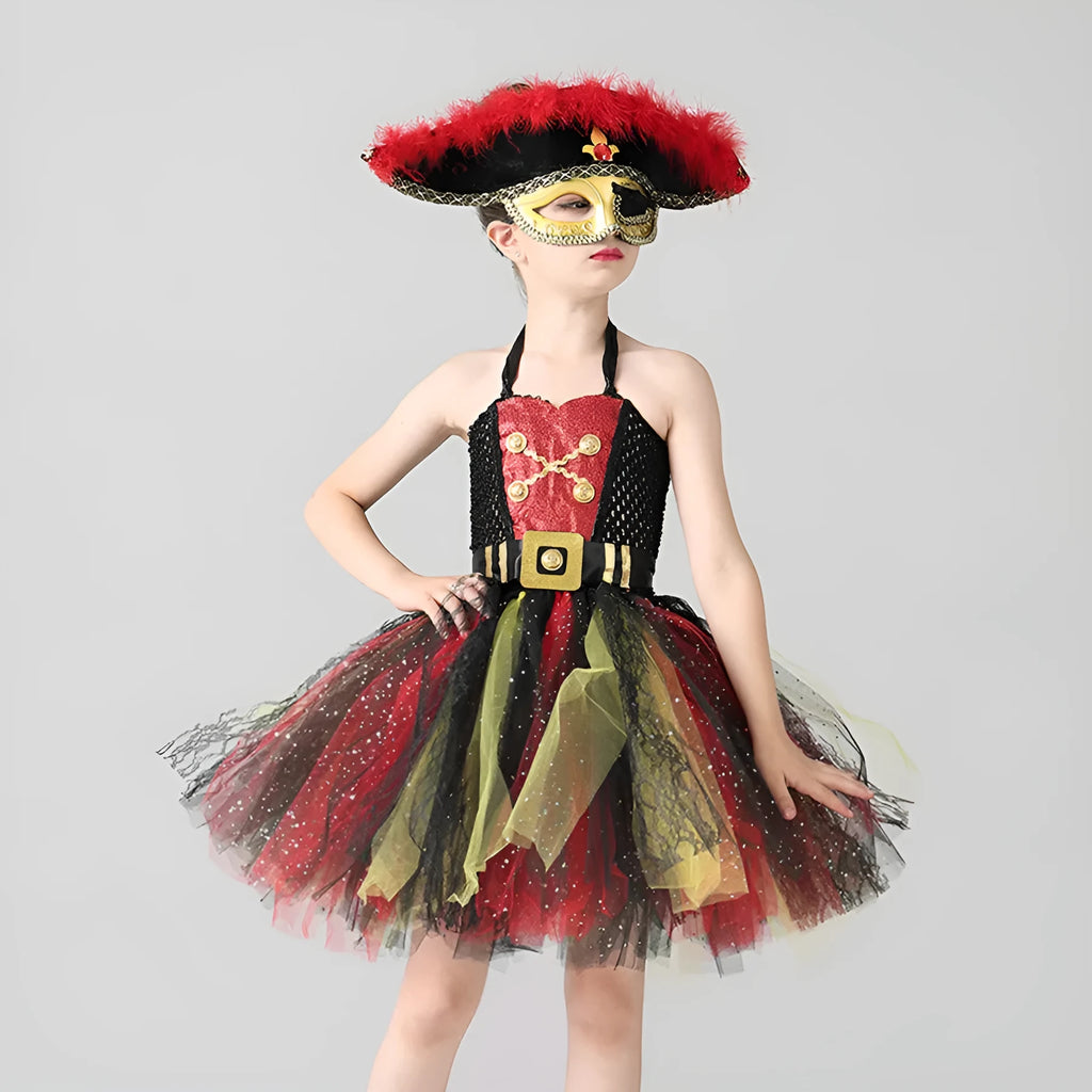 Girls sleeveless pirate costume dress with sequin gauze and lace trim for Halloween