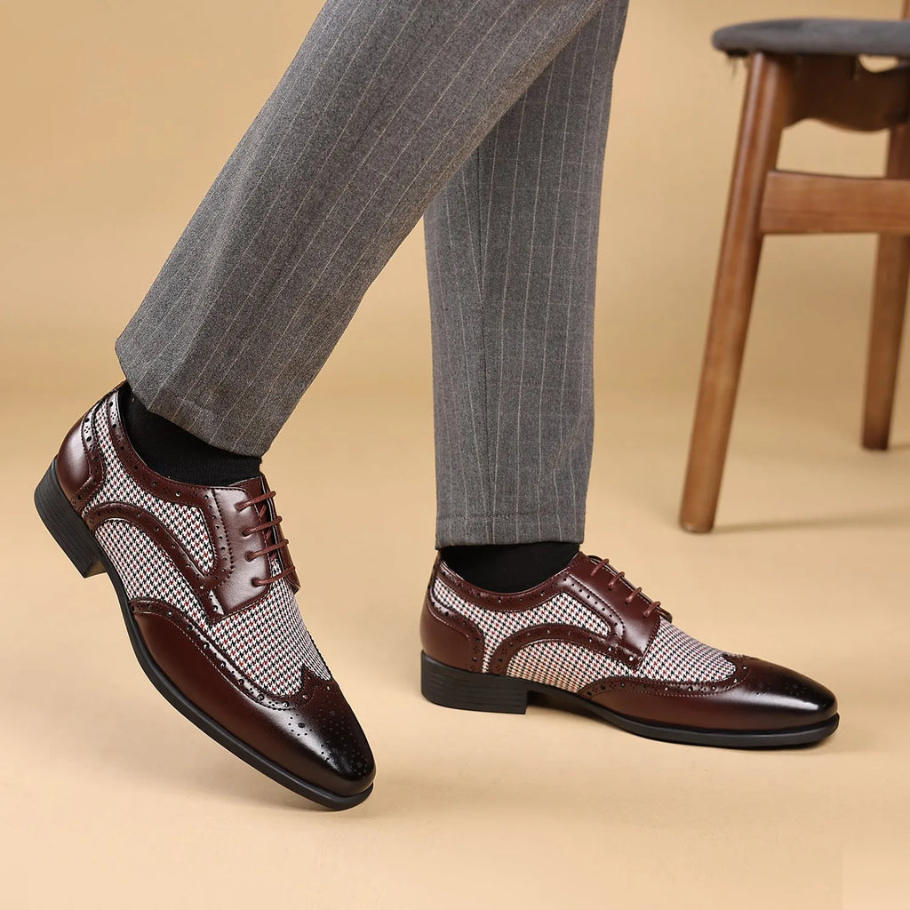 Men's black houndstooth plaid canvas casual shoes with a rubber sole and square toe.