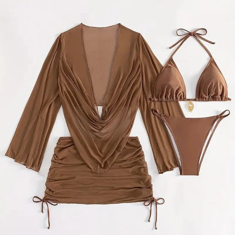 Dark brown lace-up bikini swimsuit for women on a mannequin, backless brief style.