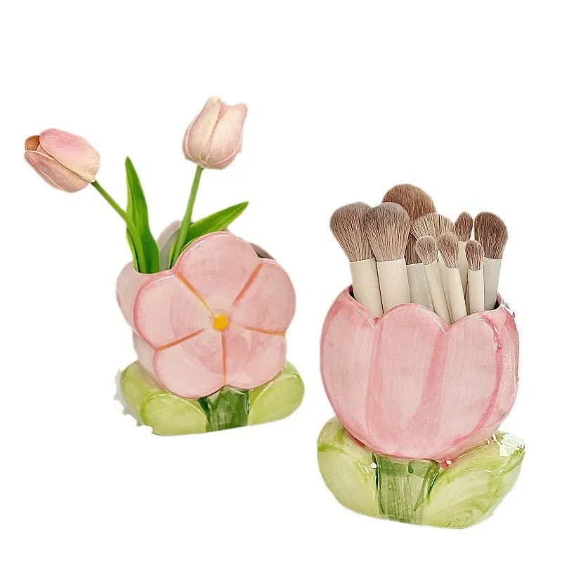 Ceramic flower pen holder storage box with decorative patterns in five colour options