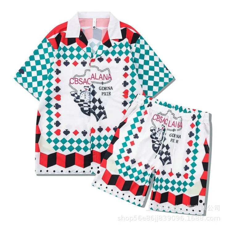 Polyester beach shirt and trousers outfit set with plaid pattern, short sleeves