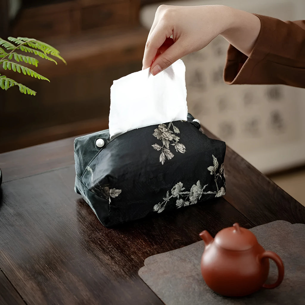 New Chinese style brocade fabric tissue box with embroidered white plum pattern, measuring 17x6.5x10cm