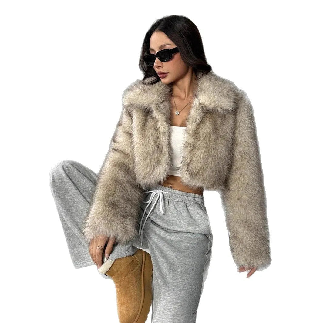 Artificial fur coat with faux fox fur collar in short 40cm length available in multiple colour options