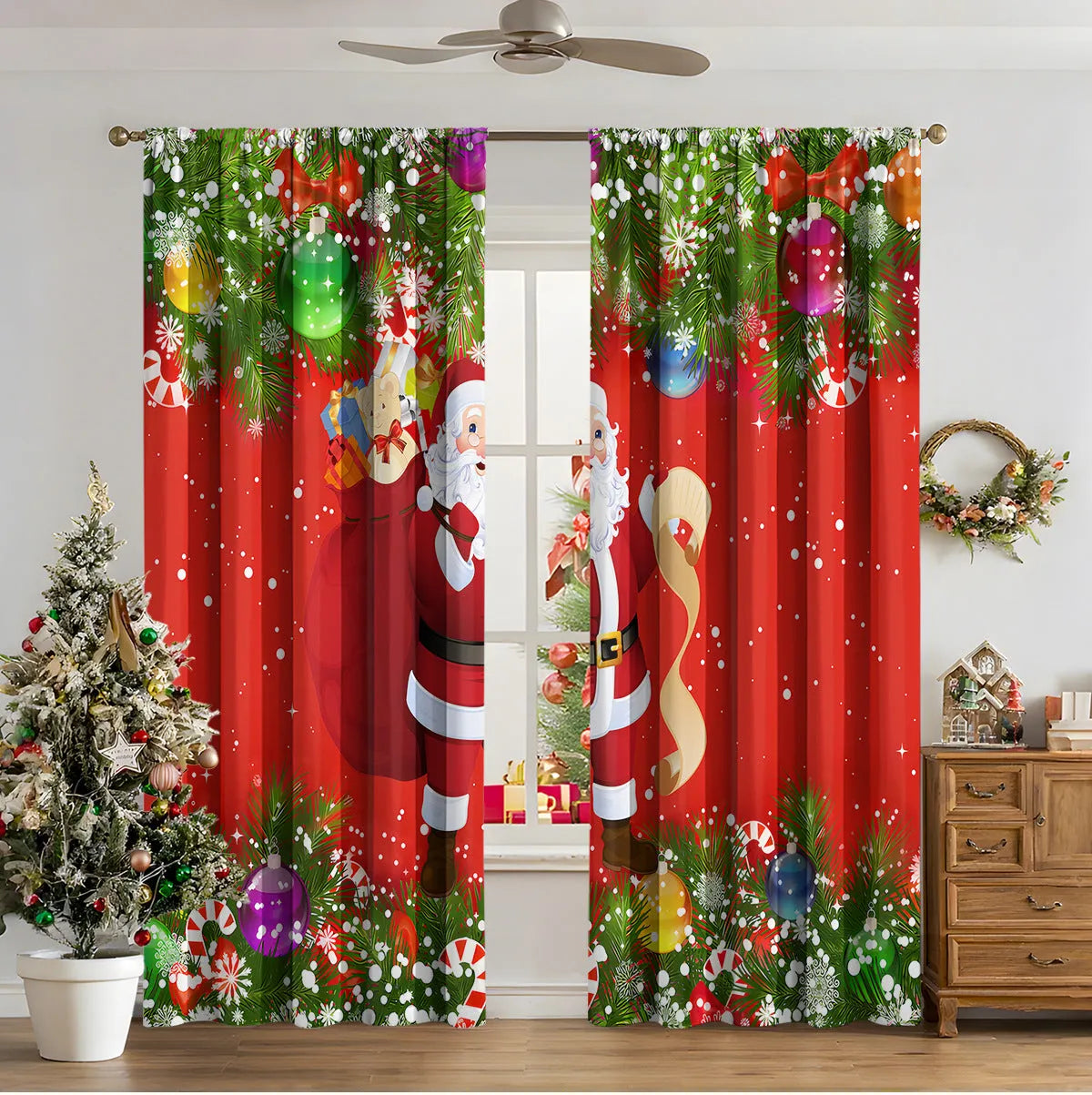 Pair of 3D digitally printed Christmas curtains in a modern European style pattern, hanging at a window.