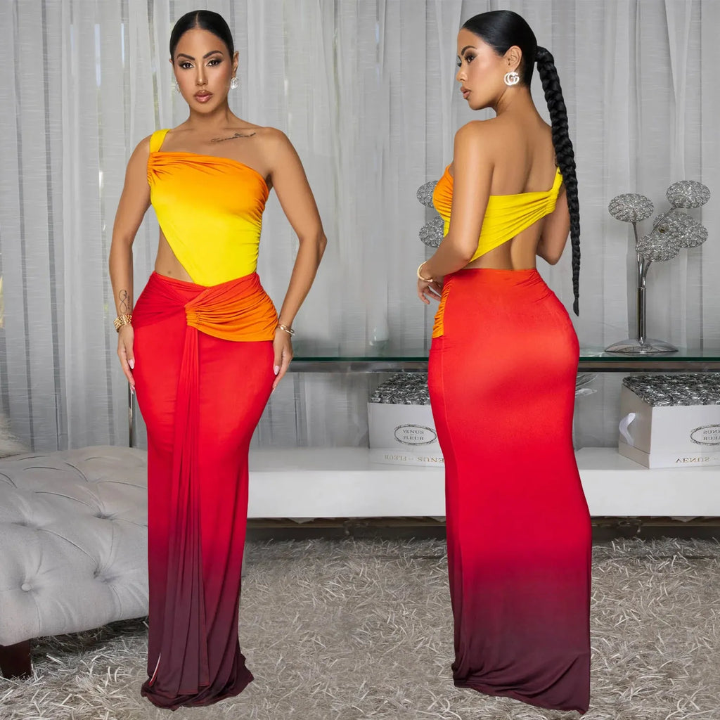 Women's long gradient dress with cross-shoulder design in green, red, or brown.