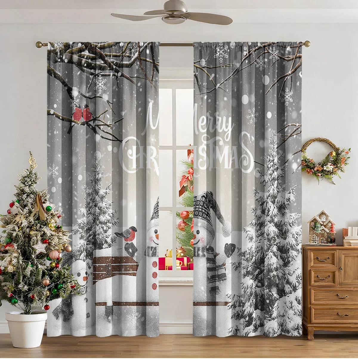 Pair of 3D digitally printed Christmas curtains in a modern European style pattern, hanging at a window.