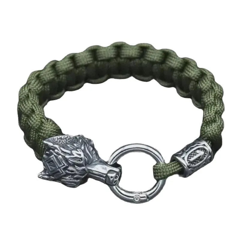 Stainless steel wolf head bracelet with Luen character detailing in camouflage colour