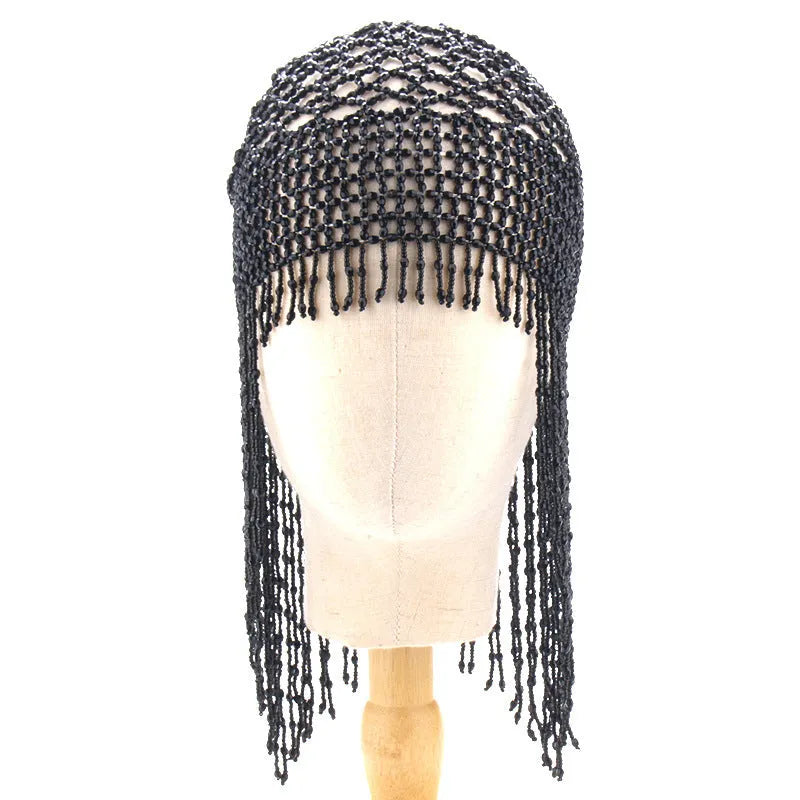 Alloy belly dance headwear with handmade beaded mesh decorative design and tassel